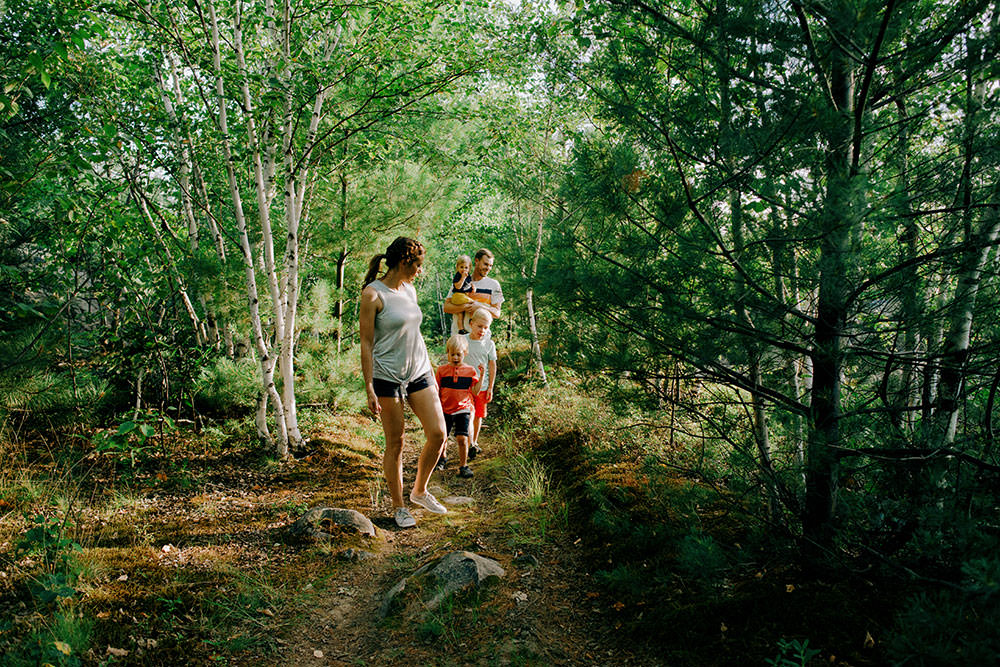 family walks on hiking trail in summer family portrait