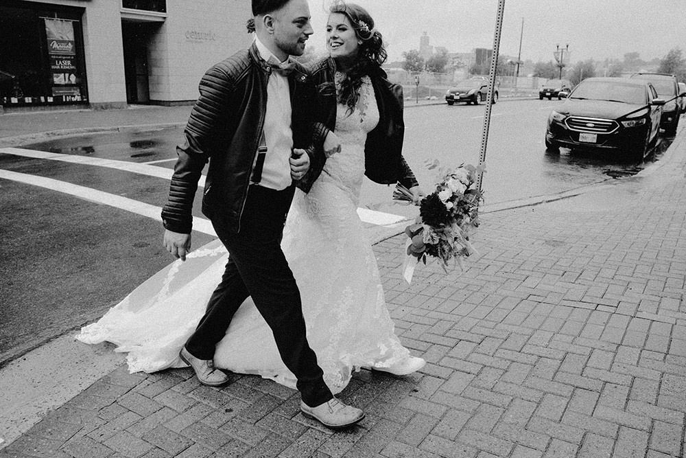 bride and groom walking downtown sudbury