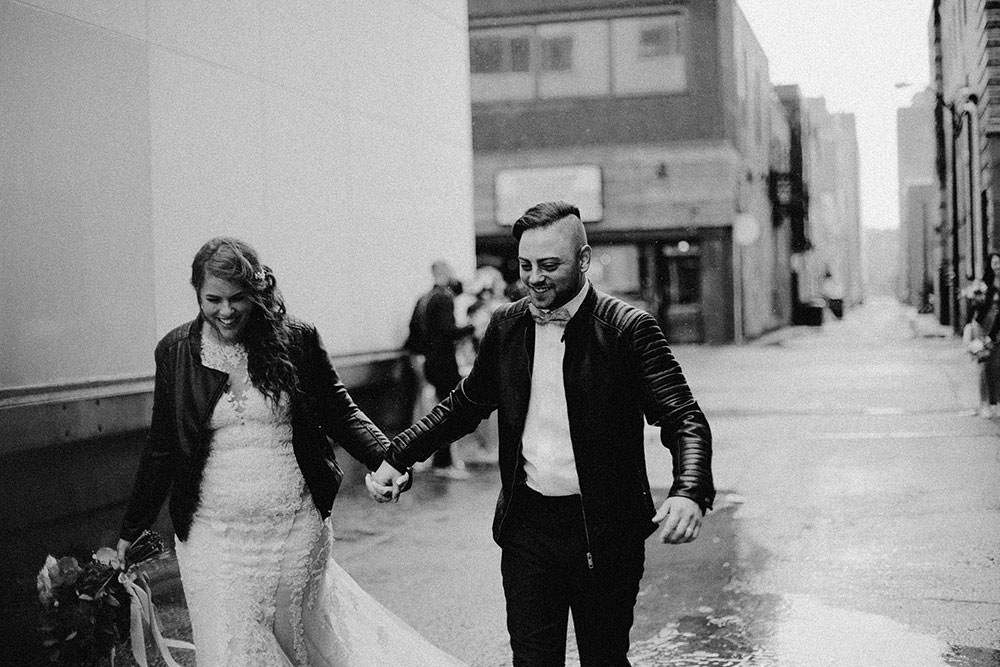 bride and groom walking downtown sudbury