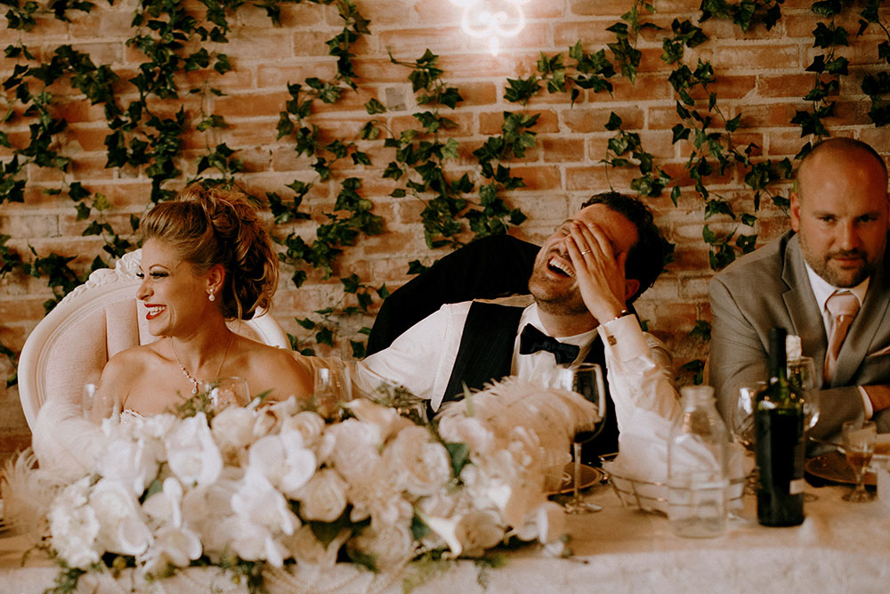 Paris Ontario Wedding reception bride and groom laughing