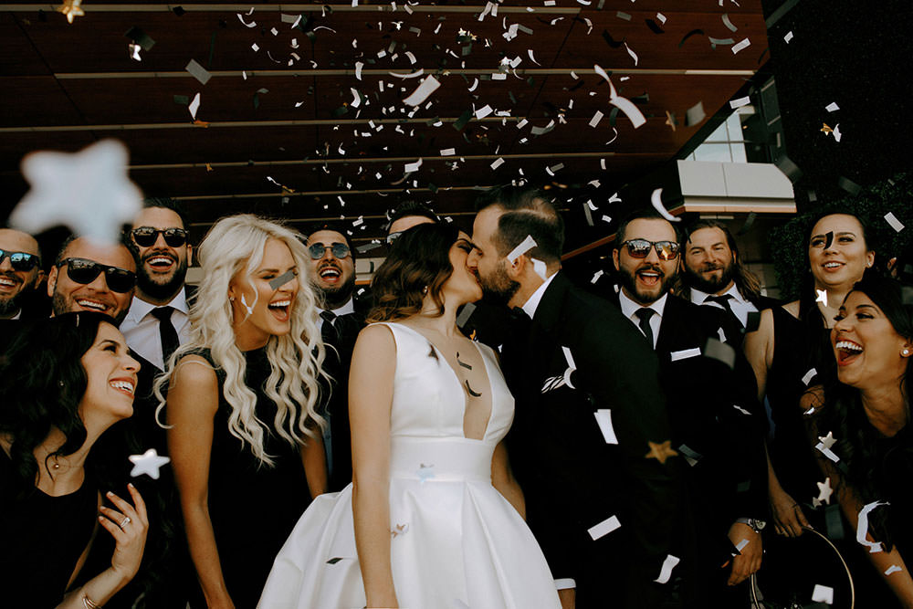 toronto bridal party laughs together