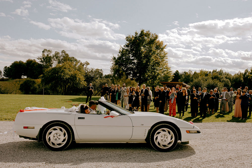 the newlyweds arrive at Heritage View Barn Wedding