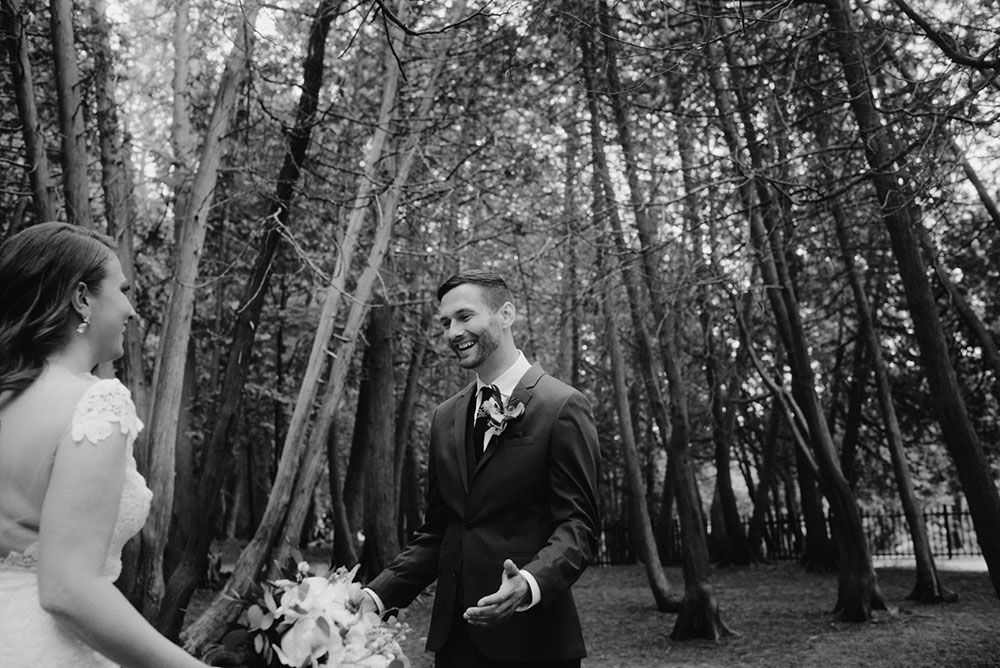 elora mill hotel elopement bride and groom prepare for their reveal