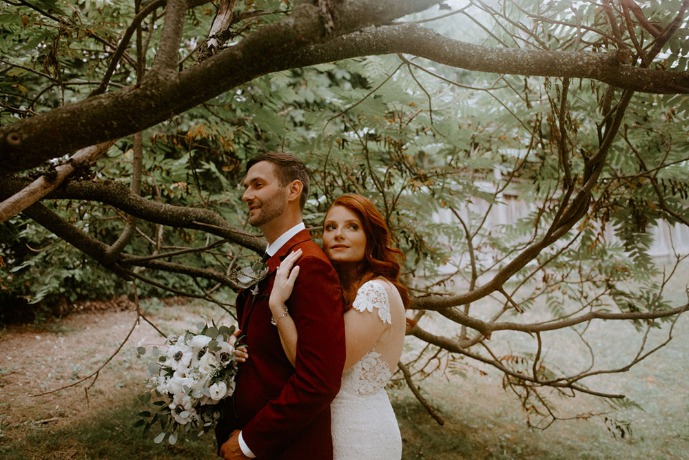 elora mill hotel elopement bride and groom walk through victoria park 