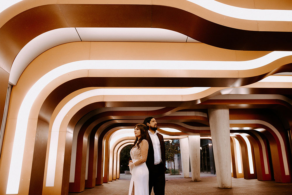 The Burroughes Toronto Wedding Couple candidly run around the streets of Toronto