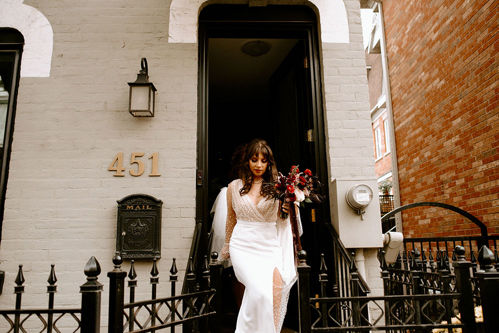 The Burroughes Toronto Wedding bride walking out her front door