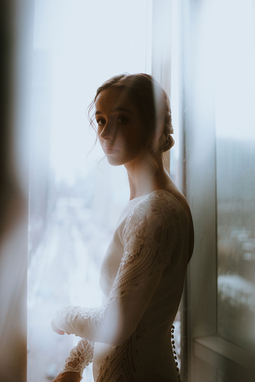 Shangri-La Hotel Toronto Wedding bridal portrait by window