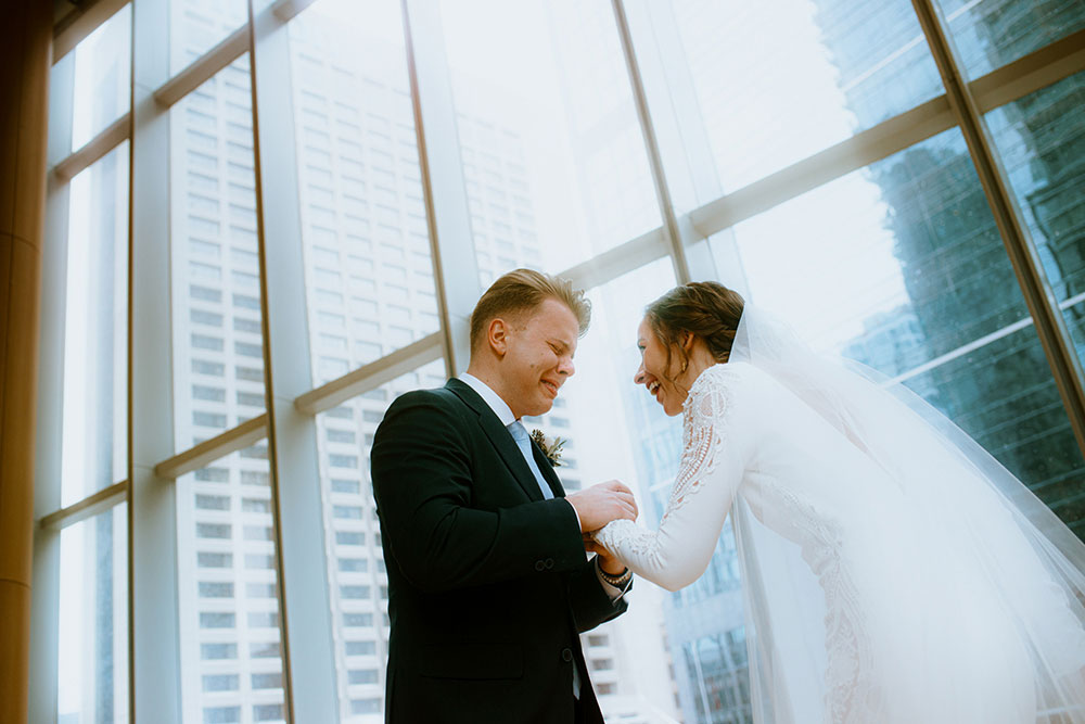 Shangri-La Hotel Toronto Wedding groom cries at the site of his beautiful bride 