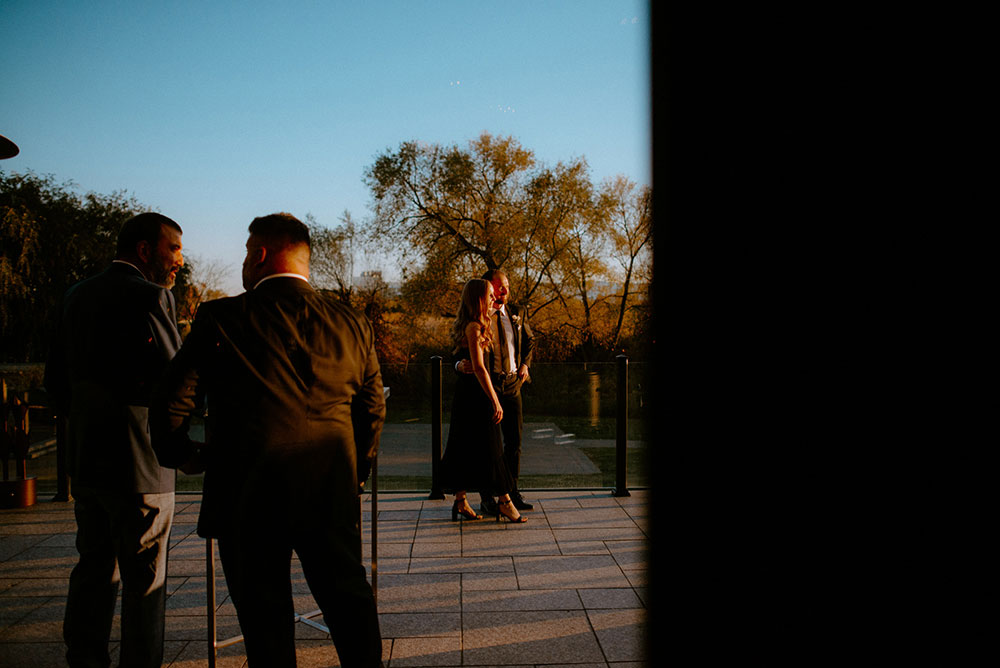 guests enjoy golden hour at Arlington Estate wedding