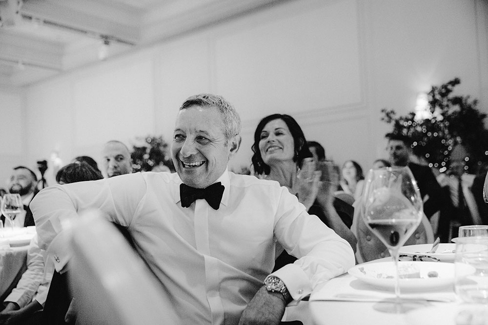 father laughs during speech at the Arlington Estate wedding