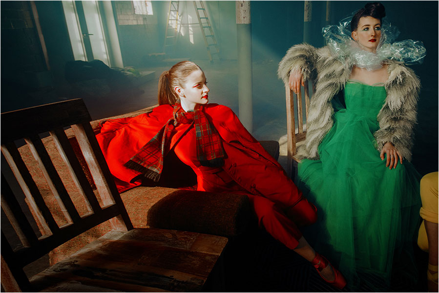 high fashion editorial photography of woman in red