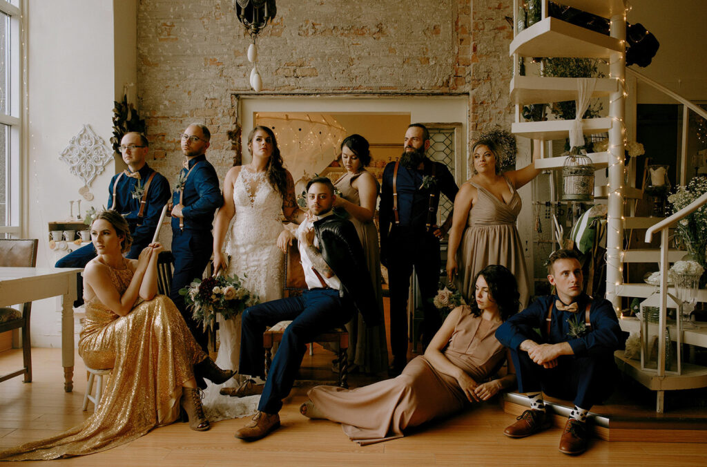 Bride, groom, and their respective parties strike distinguished poses for their Toronto wedding photographers