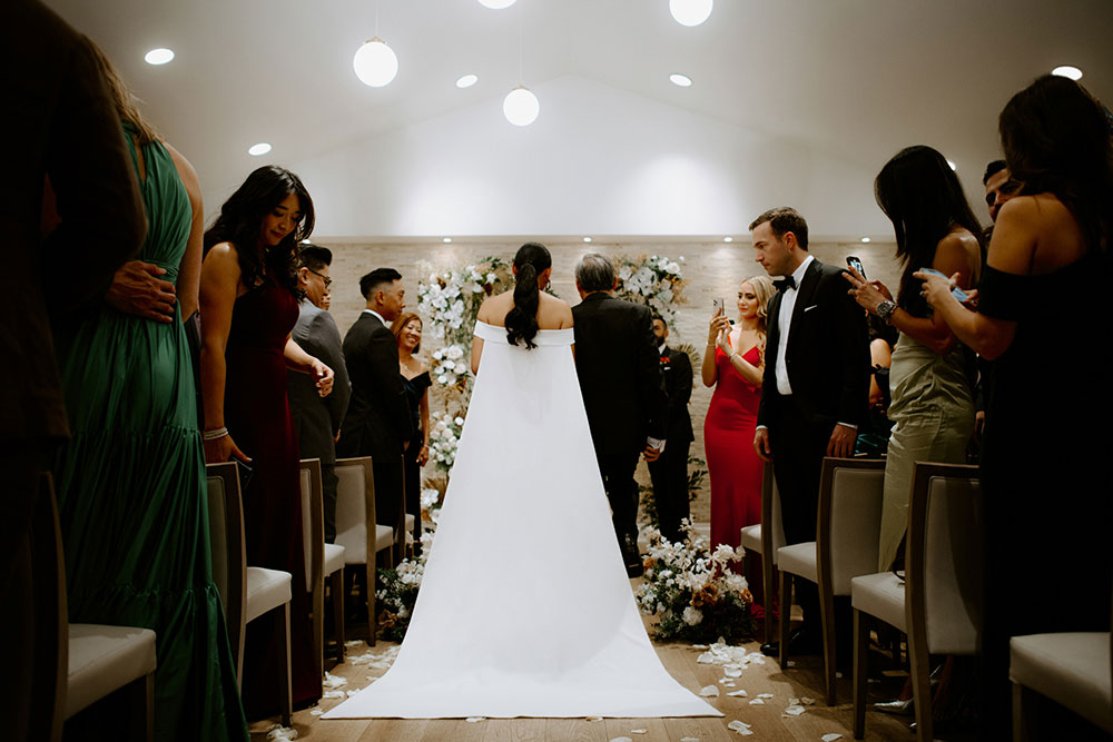 Sassafraz Yorkville Wedding Photography of the bride walking down the aisle with her father