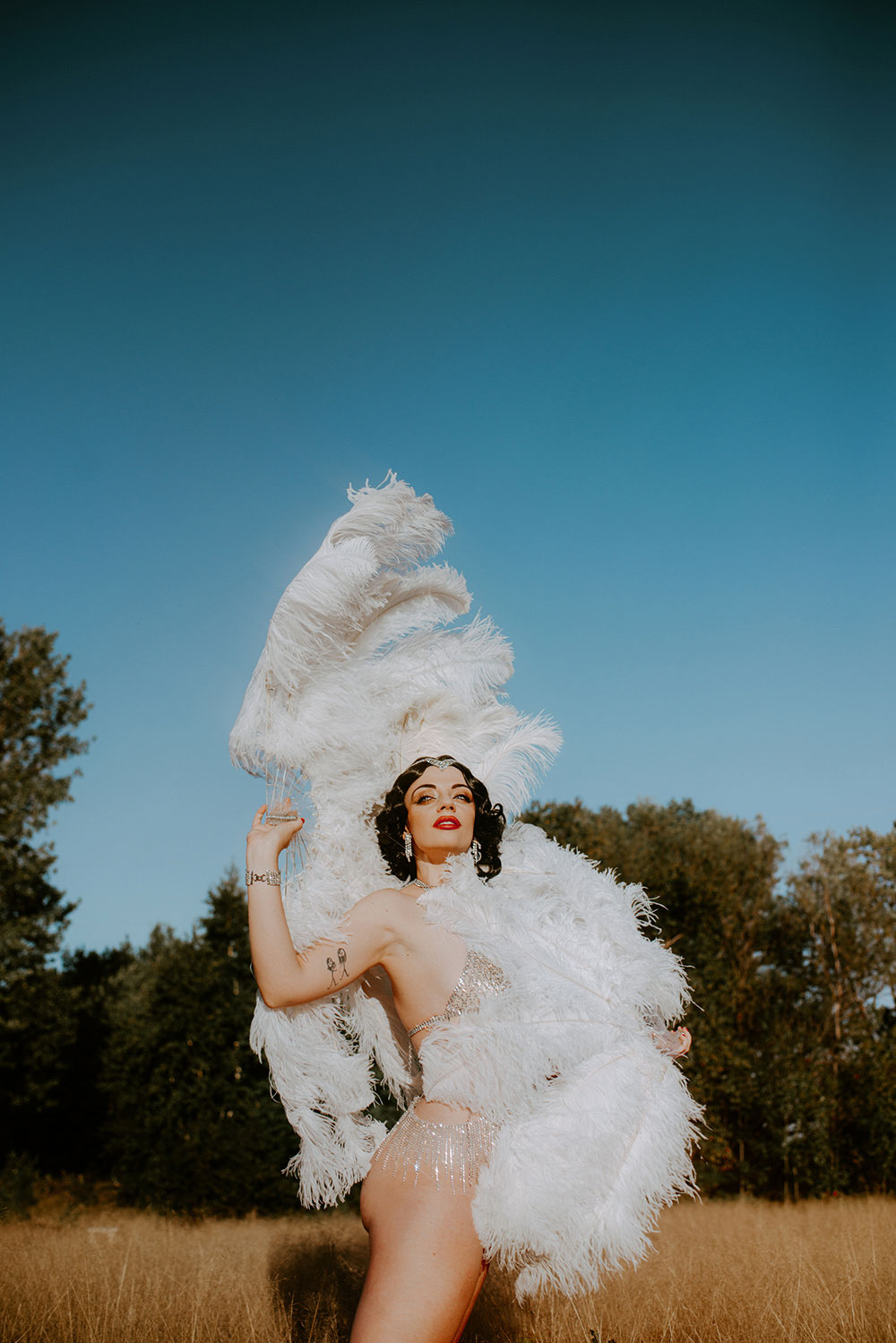 Commercial Photography of Starlotte Satine Toronto Burlesque Dancer in a field wielding large feather fans