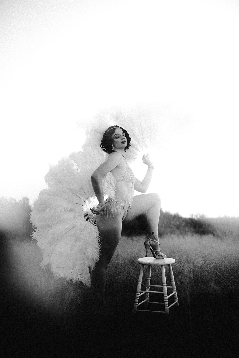 Commercial Photography of Starlotte Satine Toronto Burlesque Dancer in a field wielding large feather fans