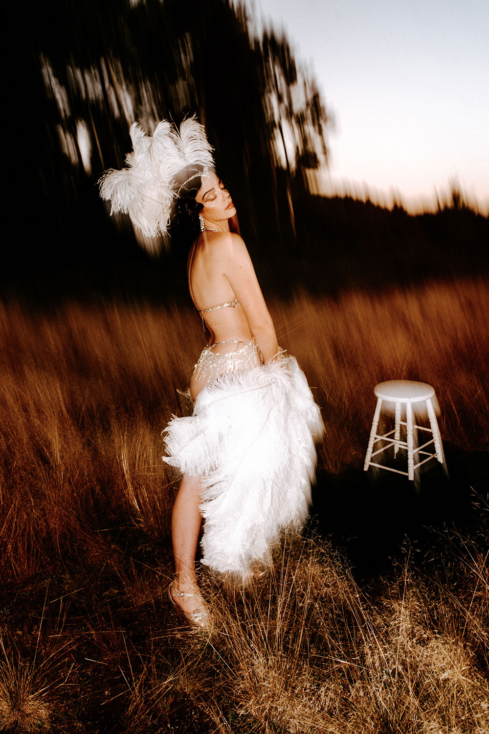 Commercial Photography of Starlotte Satine Toronto Burlesque Dancer in a field wielding large feather fans