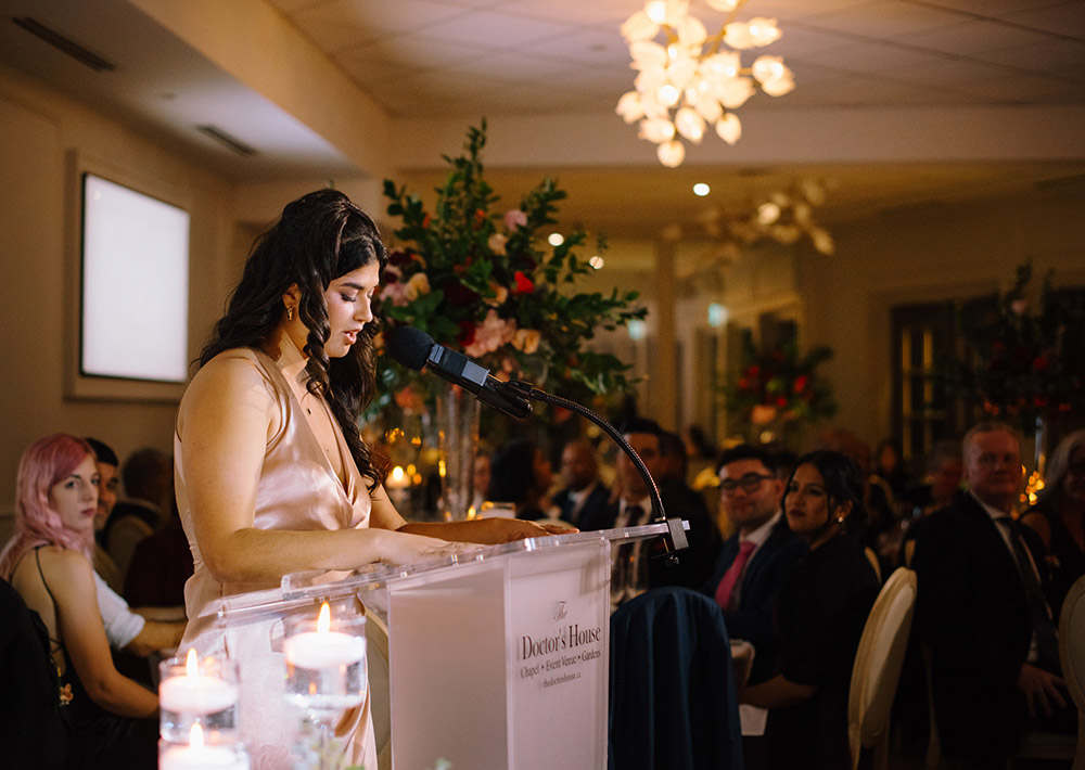 maid on honour makes a speech during dinne4r at The Doctor's House Wedding